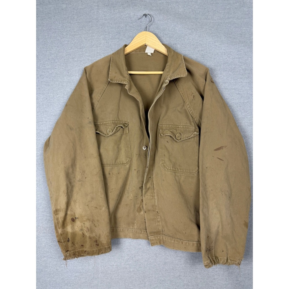 Vintage Tan Cotton Twill Workwear Jacket‎ Distressed Raglan Sleeve Utility Coat